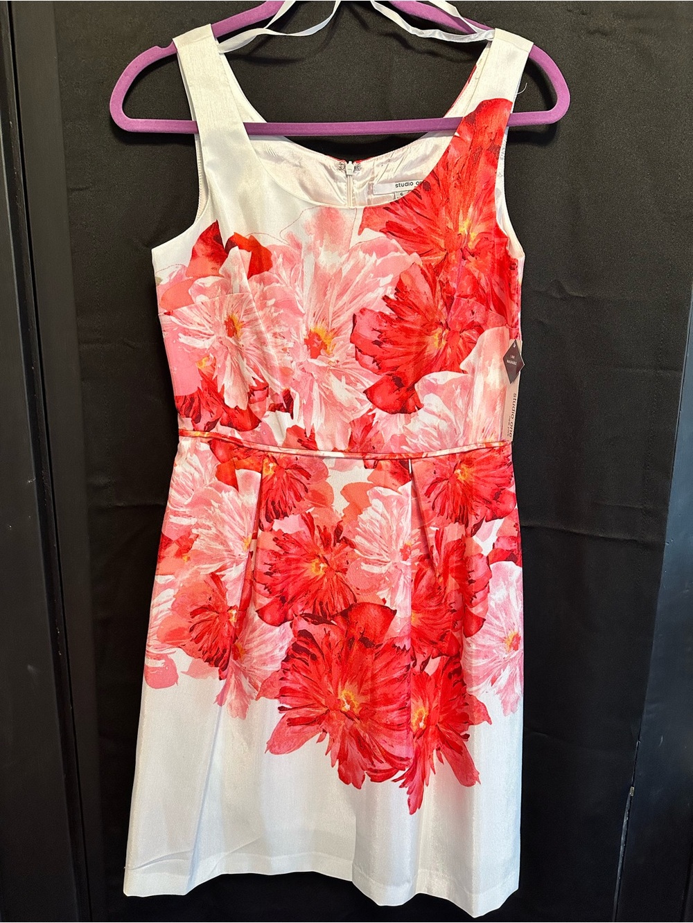 Studio One Floral Fit-and-Flare Dress in White with Red & Pink Blooms
